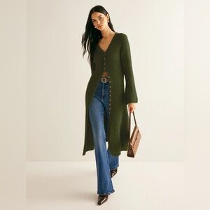 Commense Dark Green Stacking V-Neck Split Breasted Sweater Dress